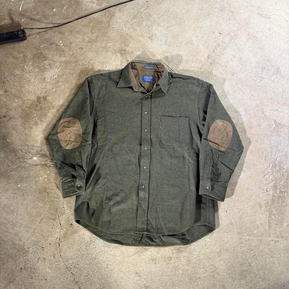 80s 90s Pendleton Green Wool Flannel Shirt with Tan Elbow Patches